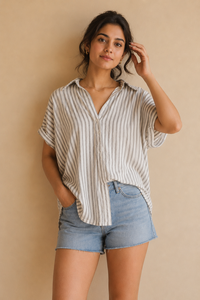 Chemise en coton rayée pour femme, manches courtes, boutonnée, col rabattu, 100% coton, haut décontracté pour le printemps/été - Product Image 4