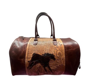 Rustic Leather Travel Holdall Carved Panel Duffel Carry <b>Bag</b> Spacious Cabin Luggage Overnight Storage Tote Utility Use - Product Image 5