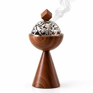 Quemador de Incienso Portátil Moderno de Madera de Pino Terapéutico, Mubkhara, 20cm, con Incienso Árabe Oud Frankincense Skies Trader BB05001 - Product Image 1