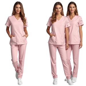 Offre Spéciale – Ensemble de Blouse et Pantalon Rose Poudré pour Femme avec Passepoil Contrastant – Tenue Médicale Premium à Prix de Gros - Product Image 4