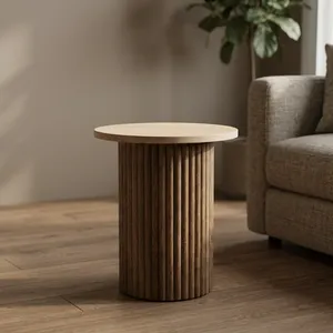 Modern Round Wood Side <b>Table</b> With Ribbed Base Handmade Solid Oak Accent <b>End</b> <b>Table</b> for Living Room Bedroom Home Decor - Product Image 2