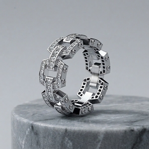 Bague de fiançailles pour homme RAAMAA en or blanc, plaqué rhodium, style hip-hop urbain, avec maillons mécaniques et diamants de laboratoire, best-seller - Product Image 2