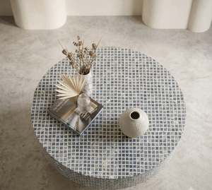 Round Bone Inlay Coffee <b>Table</b> <b>Resin</b> <b>Top</b> Wood Base Side <b>Table</b> Living Room Modern Home Furniture - Product Image 2