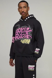 Conjunto Deportivo con Capucha para Hombre, Color Negro con Estampado de Grafiti Rosa, Sudadera y Pantalones Largos, Ropa Urbana para Otoño - Product Image 2