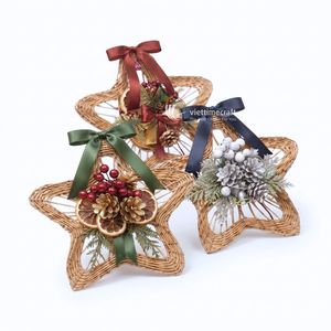 Wicker <b>Star</b> Large Christmas Hanging <b>Decoration</b> with Jingle Bells Ribbon Bow Pinecone Floral Tree Ornament for Home Party Display - Product Image 3