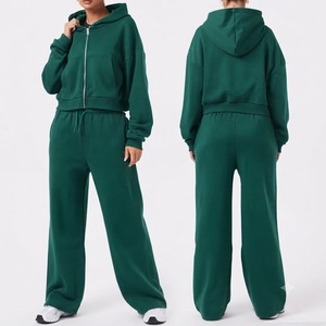 Ensemble de survêtement hiver à manches longues, couleur personnalisée, sweat à capuche uni en molleton, éco-responsable, 100% coton, 2 pièces - Product Image 3