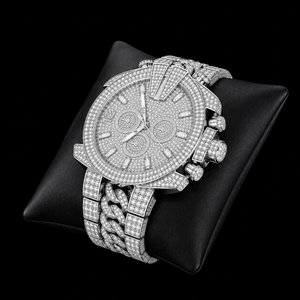 Montre chronographe en argent sertie de pierres avec bracelet cubain, montre de luxe pour homme, sertie de pierres, tendance - Product Image 3