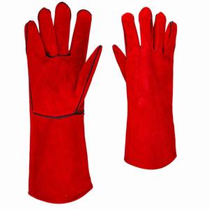 Gants de soudage en cuir véritable rouge de haute qualité à manchette longue, avec pouce en cuir, pour soudage TIG/MIG, anti-coupure, doublure en coton - Product Image 1