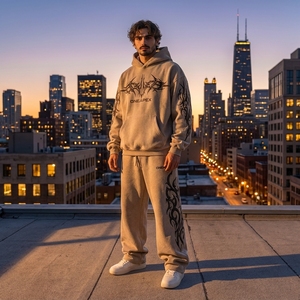 Ensemble survêtement streetwear pour homme, beige, coupe oversize, sweat à capuche et pantalon de jogging, logo brodé personnalisé, coton épais, deux pièces - Product Image 4