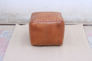 Luxury Handmade Leather <b>Pouf</b> with Cushion Style Ottoman Footstool for Living Room Soft Comfortable Seating - Product Image 3