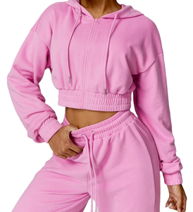 New Arrival Women's Long Sleeve Hoodie French Terry Full <b>Zip</b> <b>up</b> <b>Crop</b> Top Hoodie With Drawstring - Product Image 1