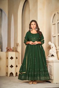 Costume Anarkali de luxe pour femmes, vert, manches 3/4, en Santoon, semi-couture, extensible, séchage rapide, pour fêtes et mariages - Product Image 3