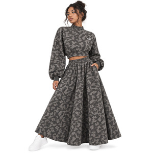 Custom Gray <b>Camouflage</b> Print Women's Mock Neck Cropped Sweatshirt Maxi Skirt Set Heavyweight Fleece Camo <b>Tracksuit</b> 100% Cotton - Product Image 1