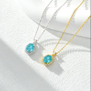 AMBER JEWELS Collier Pendentif Classique Ovale Diamant Bleu Plaqué Or 18K Chaîne Unisexe Bijou Cadeau pour Pierre de Naissance d'Avril - Product Image 3