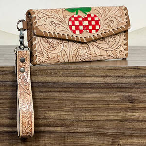 Factory Price Hand Tooled Genuine Leather Long <b>Wallet</b> Stylish Floral checkered Cherry Pattern Wristlet RFID Women's Clutches - Product Image 4