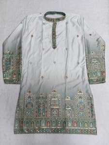 Kurta de Seda Bordada para Hombre, Sin Arrugas, para Todas las Temporadas, Blanca, Churidar, Atuendo Tradicional Indio Pakistaní para Bodas, Largo hasta el Tobillo - Product Image 2