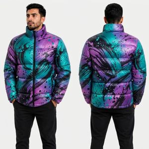 Red <b>White</b> Diagonal Stripe <b>Men</b> Puffer <b>Jacket</b> Polyester Thermal Secure Fit Long Lasting Winter <b>Men</b> Puffer <b>Jackets</b> - Product Image 2
