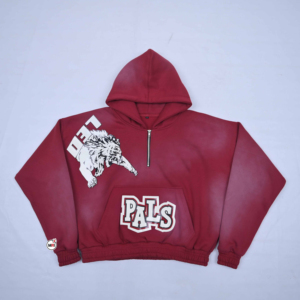Sudadera con capucha roja de alta calidad para hombre, de corte holgado, con media cremallera, estampado de oso y logotipo Pals en la parte delantera, diseño de ajuste regular, estilo urbano para otoño. - Product Image 1