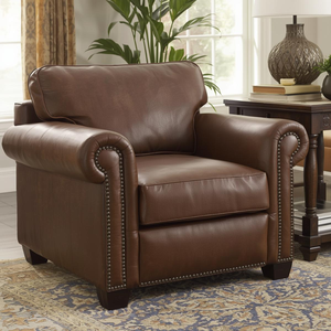 Traditional Genuine <b>Leather</b> Armchair Upholstered Single Sofa Rolled Arm Design Nailhead Trim <b>for</b> <b>Living</b> <b>Room</b> Hotel Seating - Product Image 1