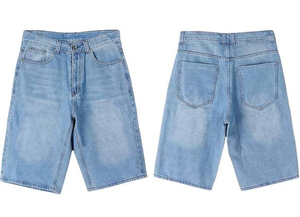 Shorts en jean bleu clair pour homme, coupe droite, taille mi-haute, fermeture boutonnée, style décontracté d'été, respirant, léger, en coton délavé - Product Image 5