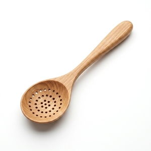 Cuchara Escurridora Ranurada de Madera de Teca Sólida de Grado Alimenticio, Colador Natural Ecológico Hecho a Mano, Apto para Lavavajillas, Juego de Utensilios de Cocina - Product Image 1