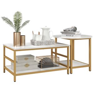 Set of 2 <b>White</b> Faux Marble Top <b>Coffee</b> <b>Tables</b> Rectangle & Round Storage Shelves for Living Room Center <b>Table</b> Set - Product Image 1