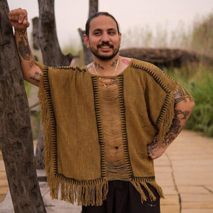 Handwoven Cream Cotton <b>Poncho</b> Kaftan Top with Olive Green Geometric Embroidery & Distressed Fringe Trim - Product Image 1