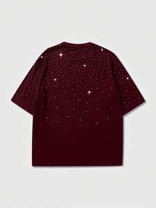 Wholesale Rhinestone Custom Graphic <b>Men's</b> <b>shirts</b> Oversized <b>Burgundy</b> Heavy Cotton Crystal Embellished Streetwear Loose Fit Tee - Product Image 2
