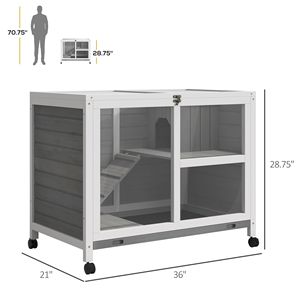 Gabbia per conigli a 2 piani da interno in legno con porte bloccabili, vassoio, rotelle, rampa e finitura grigia - Product Image 3
