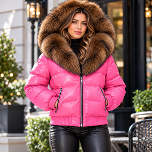 <b>Women</b>’s Fox Leather Bubble Jacket <b>with</b> Oversized <b>Fur</b> <b>Hood</b> Wholesale Ladies Winter Puffer <b>Coat</b> - Product Image 1