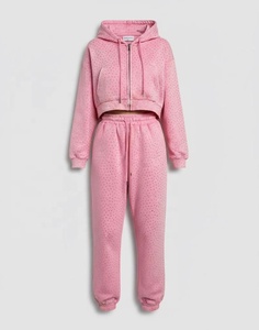 Women <b>Pink</b> Dot Print Hooded <b>Tracksuit</b> Set Full Sleeve Zipper Casual Sweatpants Loose Fit Spring Wear - Product Image 2