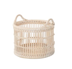 <b>White</b> Rattan <b>Basket</b> With Handles Handwoven Round Storage Bin Decorative Organizer For Home <b>Laundry</b> Or Living Room Decor - Product Image 1