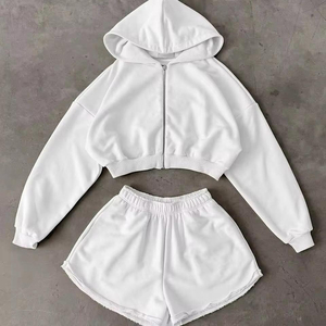 Conjunto Deportivo de Pantalones Cortos Largos con Capucha para Mujer, Color Sólido, Felpa, Manga Larga, Antibacteriano, Poliéster/Algodón, Casual - Product Image 1
