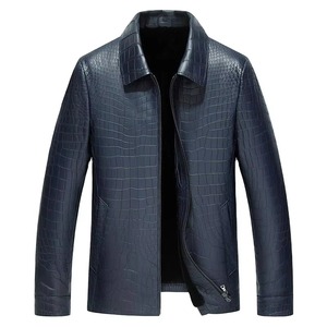 Chaqueta de Cuero Azul Oscuro para Hombre, con Estampado de Cocodrilo, Cuello Camisero, Cierre de Cremallera, Corte Ajustado Informal, para Otoño - Product Image 1