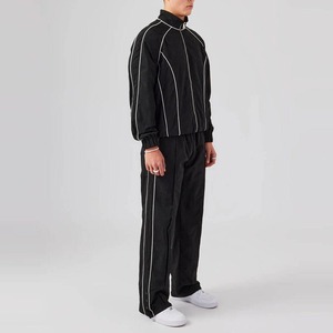 Wholesale Trendy Breathable Nylon Polyester Unisex Windbreaker Set Men's Reflective Piping <b>Jacket</b> Hooded Summer Jogging Wear - Product Image 4