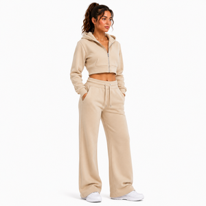High Quality <b>Women</b> <b>Short</b> Crop Hoodie Zip Front Wide Leg Sweatpants Soft Fleece Two Piece Suit Solid Color Custom Tracksuit <b>Set</b> - Product Image 1