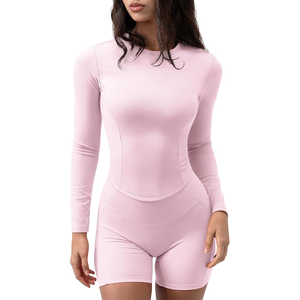 Combinaison de yoga sans couture rose à manches longues pour femme, col rond, couleur unie, manches longues, tenue de sport ajustée - Product Image 5
