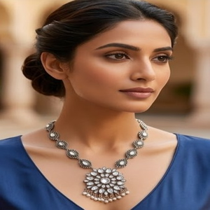 DIVYORO FLORAL MEDALLION OXIDIZED SILVER <b>NECKLACE</b> with PEARL DROPS BOHO CHIC <b>LONG</b> ADJUSTABLE for ANNIVERSARY - Product Image 4