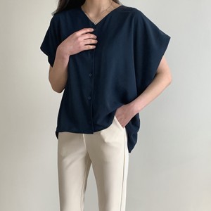 Camicetta Estiva da Donna Stile Coreano, Taglie Forti, Scollo a V, Maniche a Palloncino Corte, Tessuto in Poliestere Rinfrescante, Vestibilità Comoda - Product Image 3