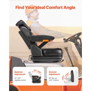 Sedile Universale Regolabile per Carrello Elevatore con Sospensione Trattore, Poggiatesta, Cintura di Sicurezza e Bracciolo Pieghevole Sicuro - Product Image 6