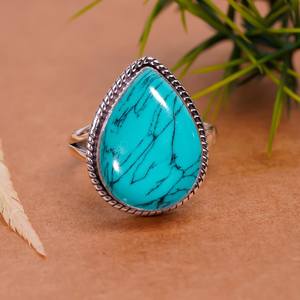 Bague en argent 925 avec pierre précieuse turquoise en forme de poire, bijoux faits à la main, cadeau pour femmes et filles - Product Image 1