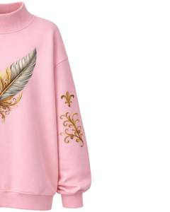 เสื้อสเวตเชิ้ตผู้หญิงสีชมพูแบบสั่งทำพิเศษ ทรงโอเวอร์ไซส์ ผ้าฟลีซ คอสูง ลายขนนก สวมใส่สบายสำหรับฤดูหนาว ผลิตจากผ้าฝ้ายผสมโพลีเอสเตอร์ อุ่นสบาย - Product Image 5