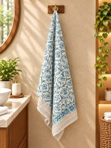 <b>Hand</b> Block Printed Cotton Bath <b>Towel</b> Set Blue Floral Indian Block Print <b>Towels</b> Soft Absorbent Printed <b>Bathroom</b> <b>Towels</b> - Product Image 5