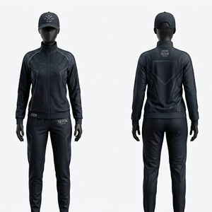 Chándal de béisbol para mujer de lujo, suave, de poliéster y elastano, 290 GSM, negro intenso con paneles tonales y logotipo personalizado bordado. - Product Image 1