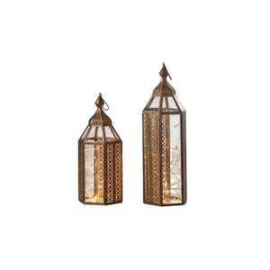 Pair of golden hexagonal lanterns geometric cutout panels domed tops <b>string</b> <b>lights</b> rustic farmhouse indoor <b>outdoor</b> festive - Product Image 1