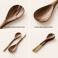 Juego de Utensilios para Ensalada de Madera de Acacia Ecológica Hechos a Mano de Lujo, con Asas de Latón Dorado, Cuchara y Tenedor Modernos para Servir, Uso Doméstico y Hotelero