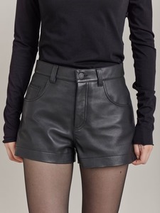 High Waist Black Leather Shorts With Button <b>Fly</b> Moto Style <b>Women's</b> Short Pants - Product Image 1