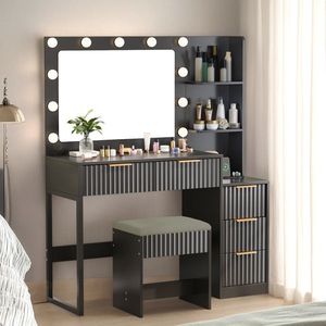 5-Drawer 2-Shelf Dressing <b>Table</b> Set Melamine Finish <b>Black</b> Particleboard 11 Three-Tone Light Bulbs Power Strip Makeup <b>Vanities</b> - Product Image 1