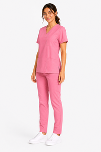 Ensemble de blouses médicales roses pour femmes, haut à col en V avec poche supérieure et deux poches inférieures, uniforme de soins infirmiers, vêtements de travail pour infirmières, haut et pantalon. - Product Image 3