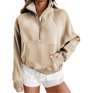 Sudadera de punto con capucha y media cremallera para mujer, color verde oliva, manga larga, informal, para otoño, 100% algodón, con etiqueta personalizada - Product Image 2